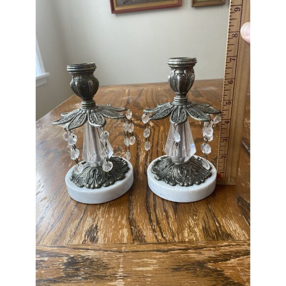 MCM Hollywood Regency Candlestick Holders Brass Dangle Crystal Marble Base Set - Picture 2 of 9